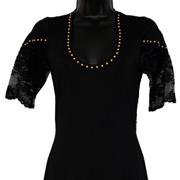 Lace & Gold Studs Embellished Women's Black Dress - Picture 2 of 7